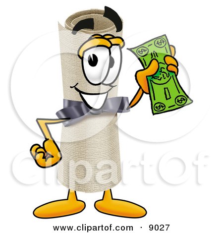 Clipart Picture of a Diploma Mascot Cartoon Character Holding a Dollar Bill by Mascot Junction
