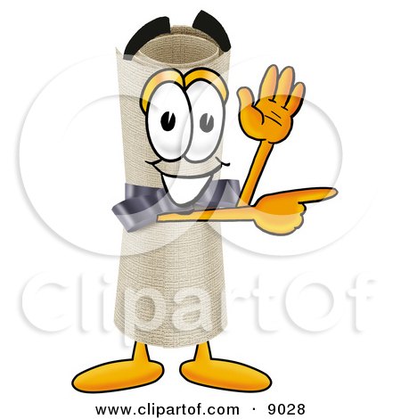 Clipart Picture of a Diploma Mascot Cartoon Character Waving and Pointing by Mascot Junction
