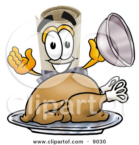 Clipart Picture of a Diploma Mascot Cartoon Character Serving a Thanksgiving Turkey on a Platter by Mascot Junction