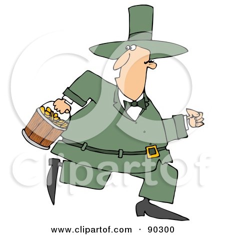 Royalty-Free (RF) Clipart Illustration of a Chubby Leprechaun Running With A Bucket Of Gold Coins by djart