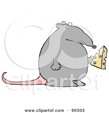 Royalty-Free (RF) Clipart Illustration of a Fat Gray Rat Holding A Wedge Of Cheese by djart