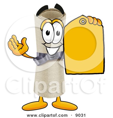 Clipart Picture of a Diploma Mascot Cartoon Character Holding a Yellow Sales Price Tag by Mascot Junction