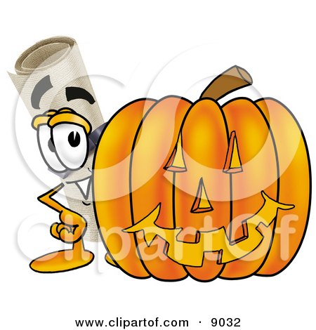 Clipart Picture of a Diploma Mascot Cartoon Character With a Carved Halloween Pumpkin by Mascot Junction