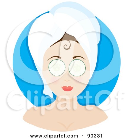 Royalty-Free (RF) Clipart Illustration of a Relaxed Woman Wearing A Head Towel And Cucumbers Over Her Eyes by Maria Bell