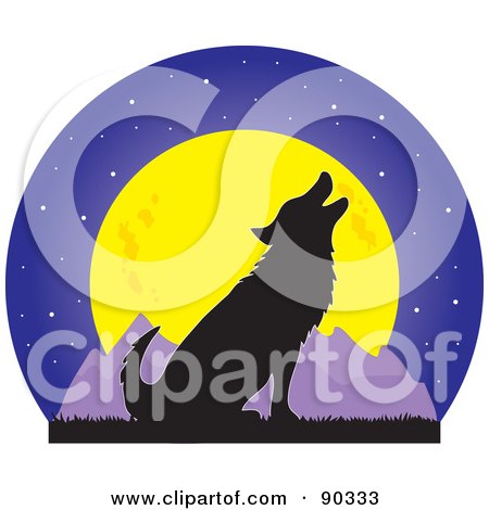 Royalty-Free (RF) Clipart Illustration of a Silhouetted Howling Wolf In Front Of A Full Moon And Mountains by Maria Bell