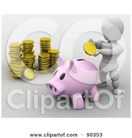 Royalty-Free (RF) Clipart Illustration of a 3d White Character Inserting A Gold Coin Into A Piggy Bank by KJ Pargeter