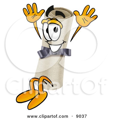 Clipart Picture of a Diploma Mascot Cartoon Character Jumping by Mascot Junction