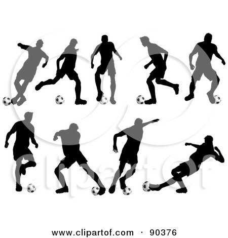 Royalty-Free (RF) Clipart Illustration of a Digital Collage Of Silhouetted Soccer Players With Balls by KJ Pargeter
