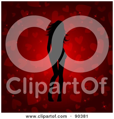 Royalty-Free (RF) Clipart Illustration of a Sexy Black Woman Silhouette Over A Red Heart Background by KJ Pargeter
