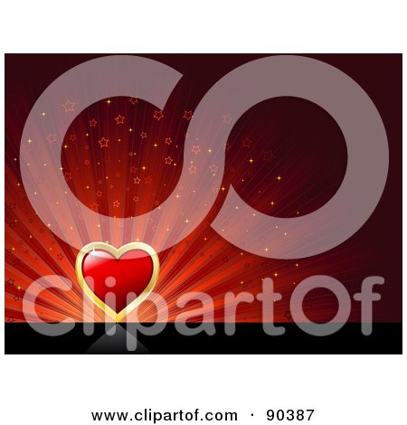 Royalty-Free (RF) Clipart Illustration of a Valentines Day Background Of A Red Heart Over A Starry Red Burst On Black by KJ Pargeter