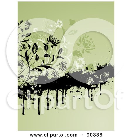 Royalty-Free (RF) Clipart Illustration of a Background Of Black And Green Floral Vines With Grunge On Green by KJ Pargeter
