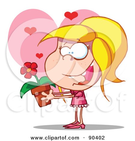Royalty-Free (RF) Clipart Illustration of an Amorous Girl Giving A Daisy Plant by Hit Toon