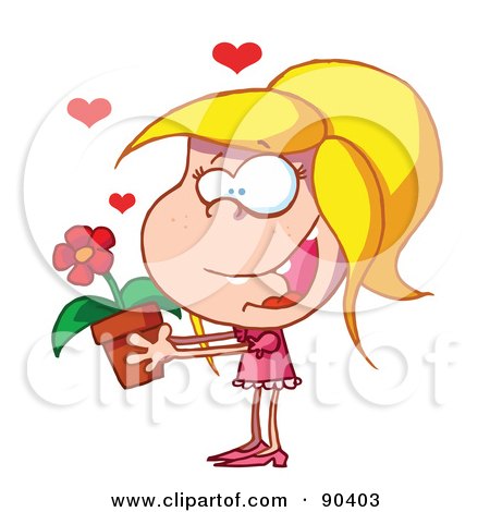 Royalty-Free (RF) Clipart Illustration of an Amorous Blond Girl Giving A Daisy Plant by Hit Toon
