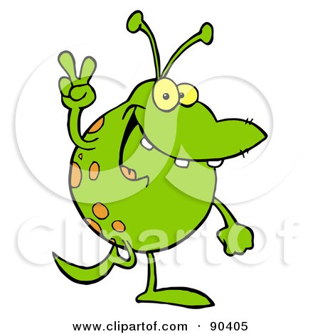 Royalty-Free (RF) Clipart Illustration of a Spotted Green Alien Smiling And Gesturing The Peace Sign by Hit Toon