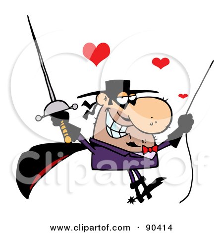 Royalty-Free (RF) Clipart Illustration of an Amorous Masked Man Holding A Sword And Swinging On A Rope by Hit Toon