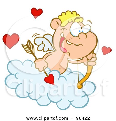 Royalty-Free (RF) Clipart Illustration of an Energetic Blond Cupid In A Cloud, Holding An Arrow And Gazing Out by Hit Toon
