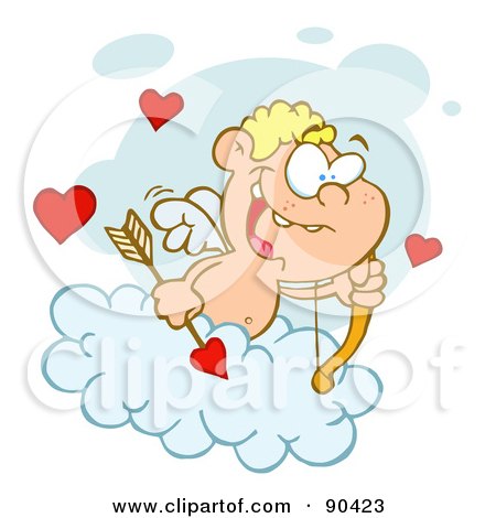 Royalty-Free (RF) Clipart Illustration of a Blond Cupid On A Cloud, Holding An Arrow And Gazing Out by Hit Toon