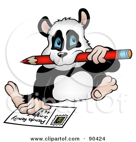 Royalty-Free (RF) Clipart Illustration of a Panda Biting A Pencil And Writing A Post Card by dero