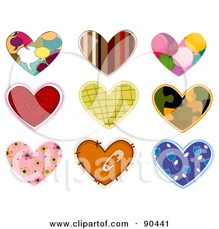 Royalty-Free (RF) Clipart Illustration of a Digital Collage Of Colorful Heart Patches And Designs - Version 3 by BNP Design Studio