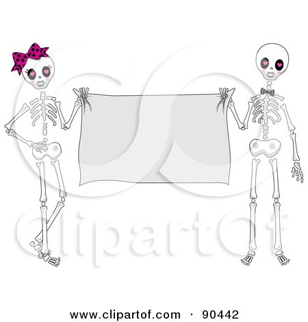 Royalty-Free (RF) Clipart Illustration of a Skeleton Couple Holding Up A Blank Banner by BNP Design Studio