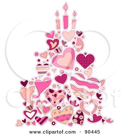 Royalty-Free (RF) Clipart Illustration of a Pink Cake Made Of Heart Doodles And Candles by BNP Design Studio