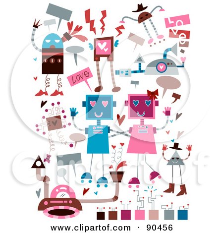Royalty-Free (RF) Clipart Illustration of a Digital Collage Of Valentines Day Robot Doodles by BNP Design Studio