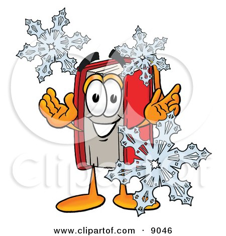 Clipart Picture of a Red Book Mascot Cartoon Character With Three Snowflakes in Winter by Mascot Junction