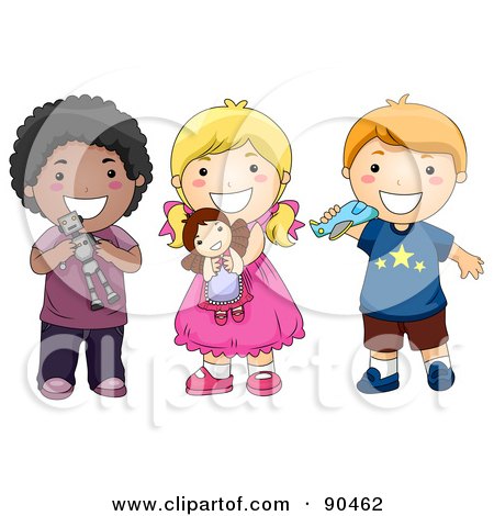 Royalty-Free (RF) Clipart Illustration of a Group Of Three Diverse Children Holding Toys And Smiling by BNP Design Studio