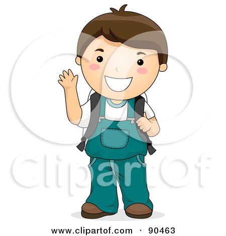Royalty-Free (RF) Clipart Illustration of a Happy Waving Brunette School Boy In Overalls by BNP Design Studio