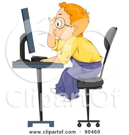 Royalty-Free (RF) Clipart Illustration of a Smart School Boy Glaring At A Computer Screen by BNP Design Studio