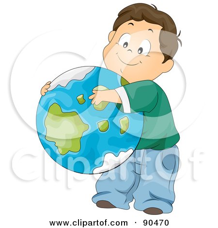 Royalty-Free (RF) Clipart Illustration of a Brunette School Boy Hugging Earth by BNP Design Studio