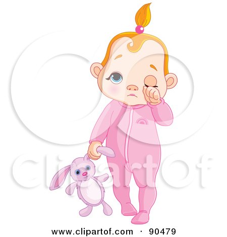 Royalty-Free (RF) Clipart Illustration of a Red Haired Baby Girl Rubbing Her Eye And Carrying A Stuffed Bunny by Pushkin