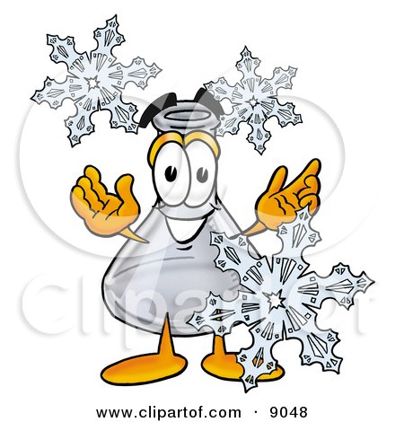 Clipart Picture of an Erlenmeyer Conical Laboratory Flask Beaker Mascot Cartoon Character With Three Snowflakes in Winter by Mascot Junction