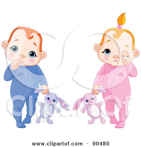 Royalty-Free (RF) Clipart Illustration of a Digital Collage Of A Baby Boy Sucking His Thumb And A Girl Rubbing Her Eye, Both Carrying Stuffed Bunnies by Pushkin