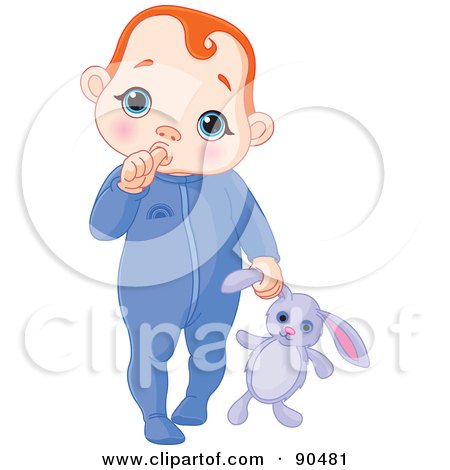 Royalty-Free (RF) Clipart Illustration of a Red Haired Baby Boy Sucking His Thumb And Carrying A Stuffed Bunny by Pushkin