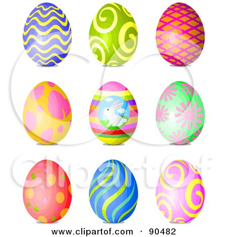 Royalty-Free (RF) Clipart Illustration of a Digital Collage Of Wave, Swirl, Net, Spotted, Bunny, Floral, And Dot Patterned Easter Eggs by Pushkin