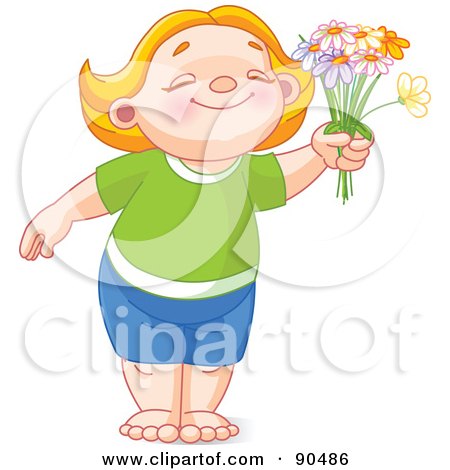 Royalty-Free (RF) Clipart Illustration of a Cute Red Haired Girl Or Boy Smiling And Holding Out Daisies by Pushkin