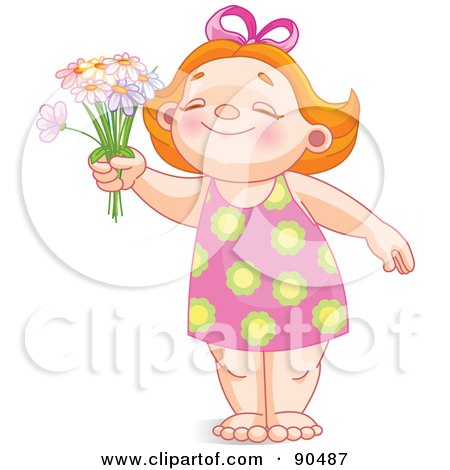 Royalty-Free (RF) Clipart Illustration of a Cute Red Haired Girl Smiling And Holding Up Daisies by Pushkin