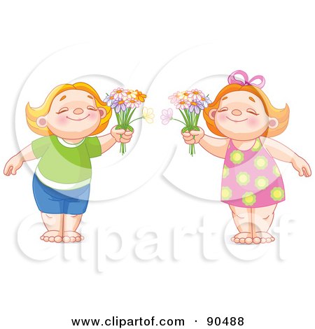 Royalty-Free (RF) Clipart Illustration of a Digital Collage Of Cute Red Haired Children Smiling And Holding Out Daisies by Pushkin