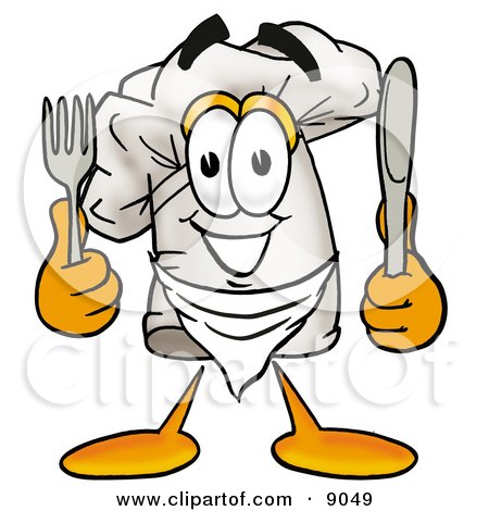 Clipart Picture of a Chefs Hat Mascot Cartoon Character Holding a Knife and Fork by Mascot Junction