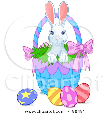Royalty-Free (RF) Clipart Illustration of a Cute White Bunny Looking Out Of A Blue Easter Basket by Pushkin