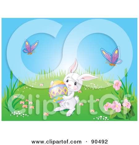 Royalty-Free (RF) Clipart Illustration of a Cute White Bunny Carrying An Easter Egg On A Spring Hill by Pushkin