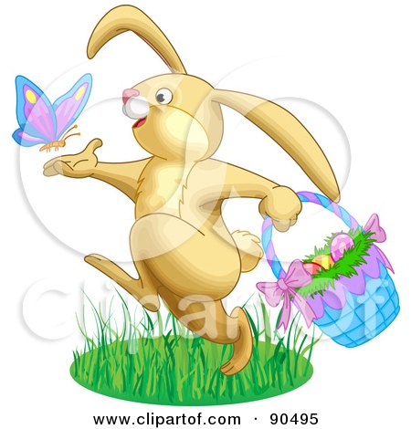 Royalty-Free (RF) Clipart Illustration of a Beige Bunny Chasing A Butterfly And Carrying An Easter Basket by Pushkin