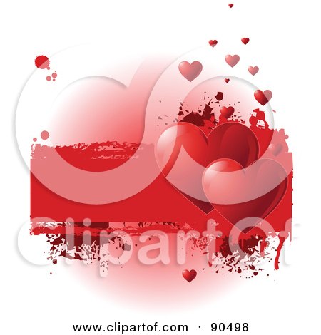 Royalty-Free (RF) Clipart Illustration of a Grungy Valentines Day Background With Shiny Red Hearts And A Text Box Over White by Pushkin