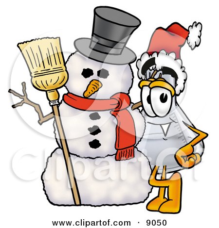 Clipart Picture of an Erlenmeyer Conical Laboratory Flask Beaker Mascot Cartoon Character With a Snowman on Christmas by Mascot Junction
