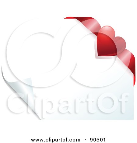 Royalty-Free (RF) Clipart Illustration of a Red Heart Ribbon In The Corner Of A Turning White Page by Pushkin
