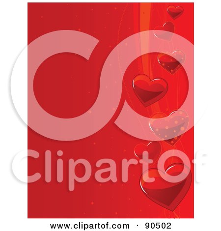Royalty-Free (RF) Clipart Illustration of a Red Heart Background With Shiny Hearts And Swooshes On The Right by Pushkin