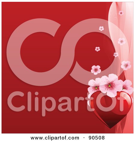Royalty-Free (RF) Clipart Illustration of a Red Valentines Day Background With Pink Blossoms And A Heart by Pushkin