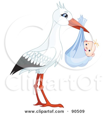 Royalty-Free (RF) Clipart Illustration of a White And Black Stork Carrying A Bundled Baby Boy by Pushkin