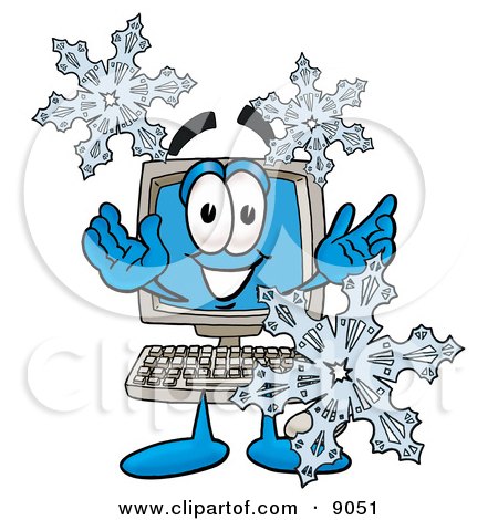 Clipart Picture of a Desktop Computer Mascot Cartoon Character With Three Snowflakes in Winter by Mascot Junction